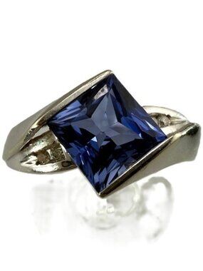 10K White Gold Lab-Created Sapphire Ring with Diamonds - Size 6.75